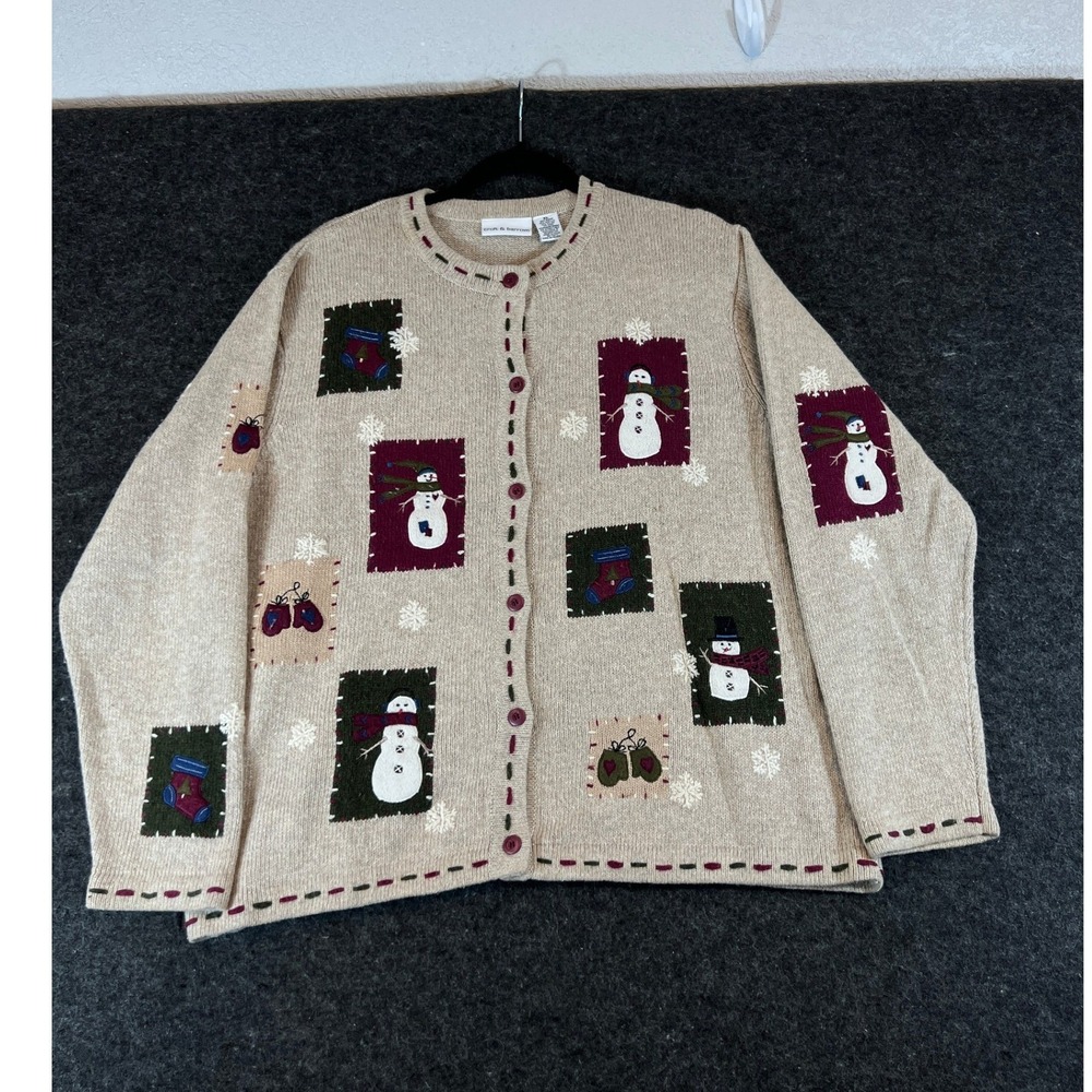 Croft & Barrow Snowman Christmas Cardigan Sweater Ramie Wool Blend Tan Womens XL